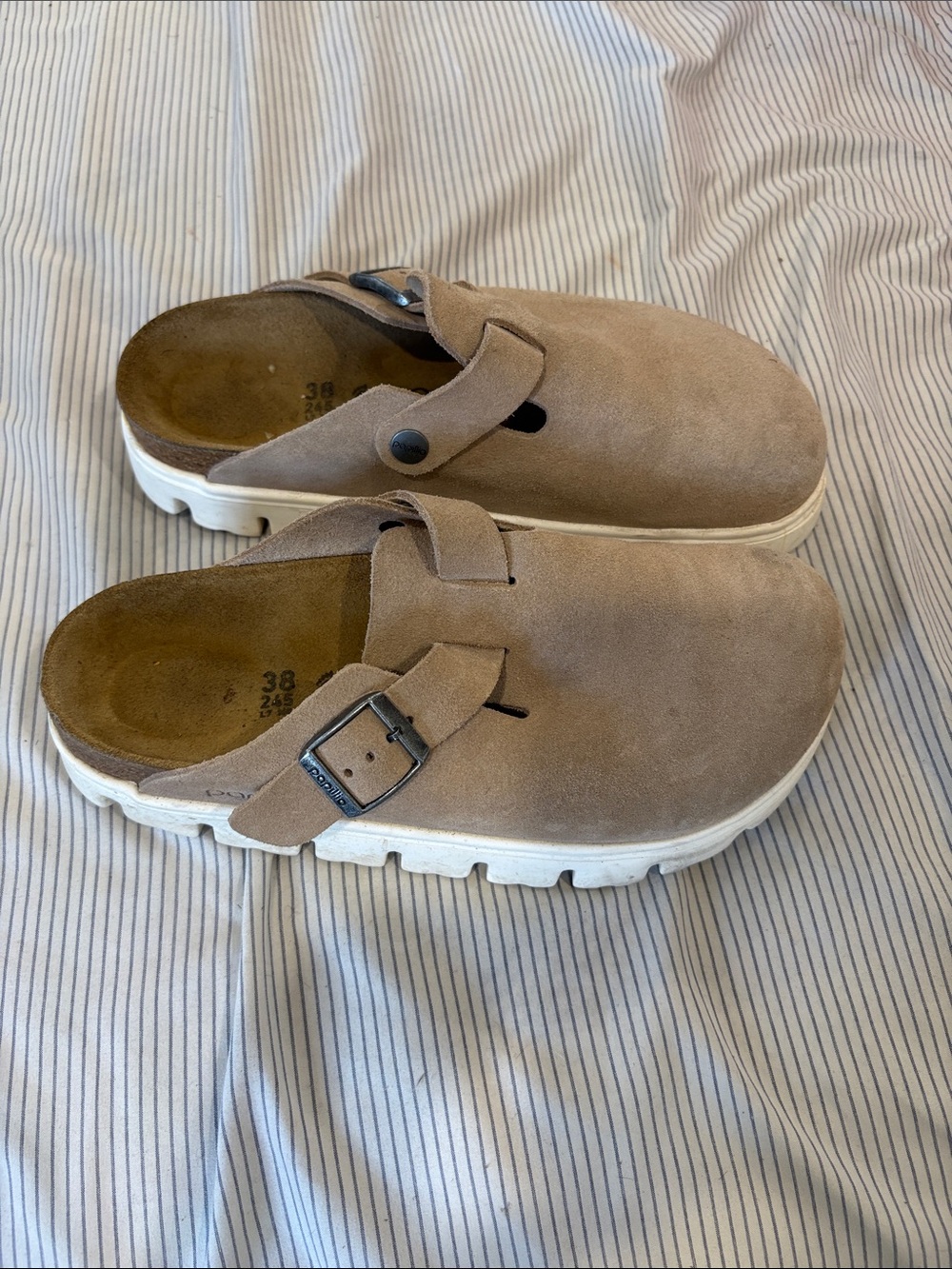 Papillio Suede Clog Mules in Taupe with White Soles